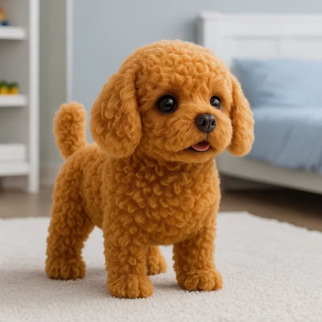 Brun puddelhvalp med krøllet pels står på hvidt tæppe i soveværelse. Sødt kæledyr, indendørs, hund, hvalp, krøllet pels, puddel.