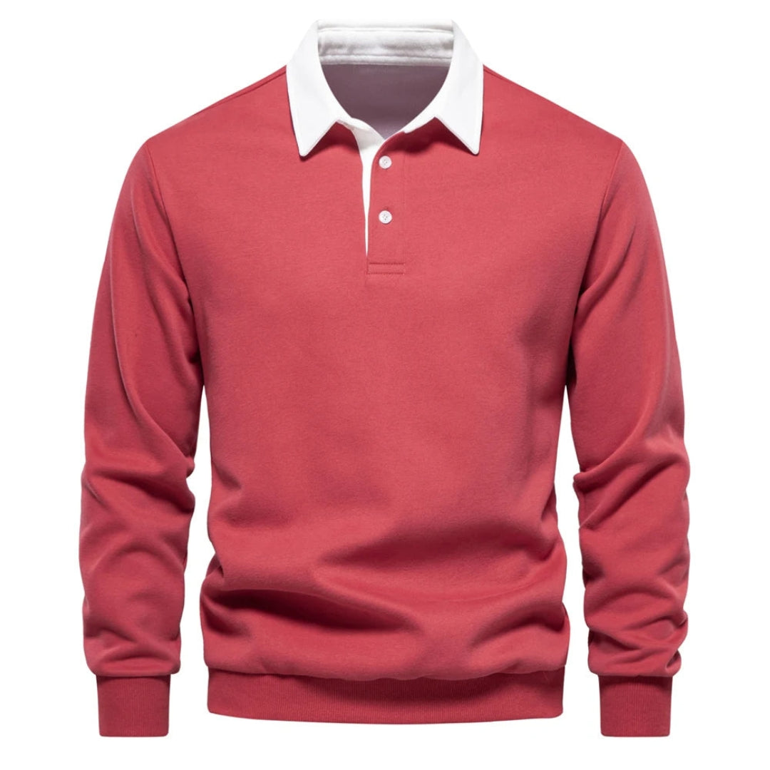 Rød herretrøje med hvid krave og knapper, langærmet polo-stil. Stilfuldt og moderne design til casual og formelle lejligheder.