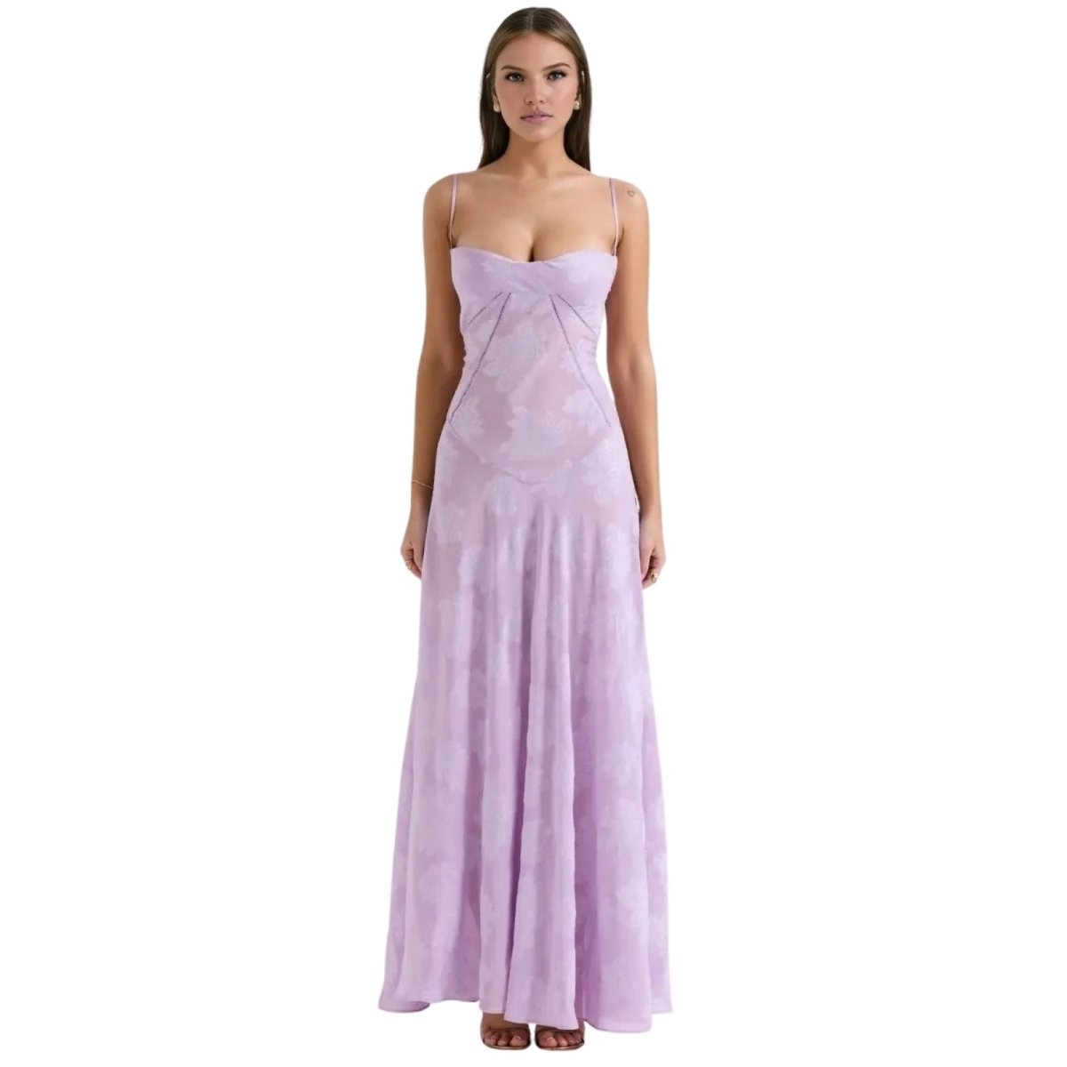 Woman wearing a strapless purple Kouvr gown on a white background