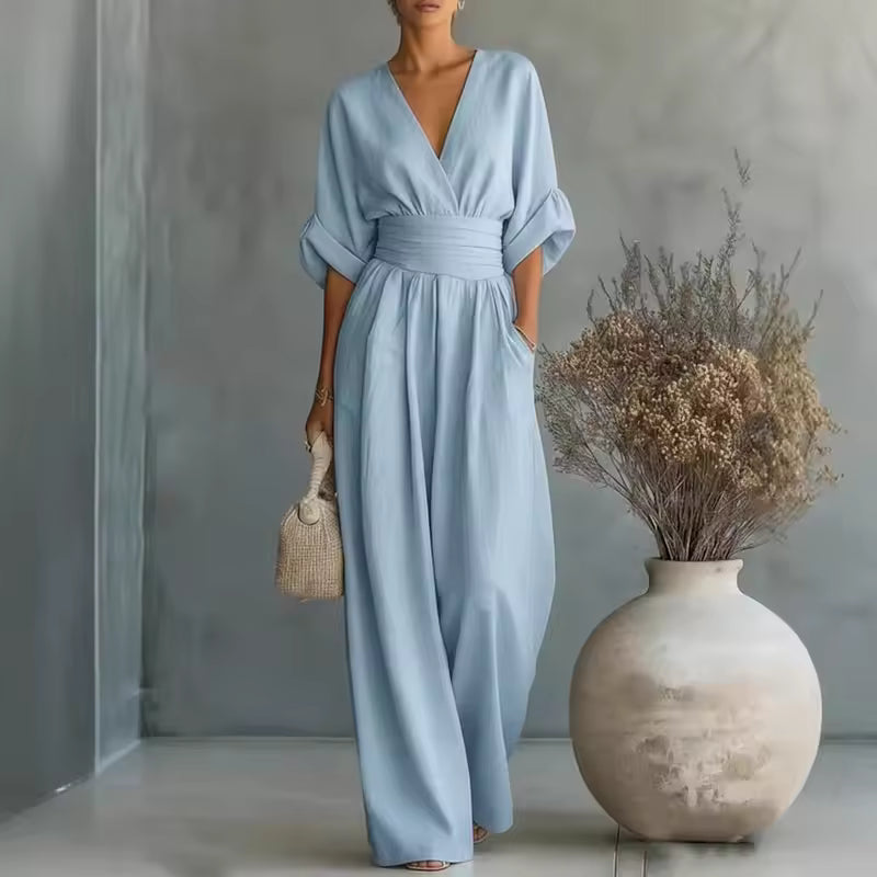 Elegant jumpsuit med dyb V-udskæring og brede ben