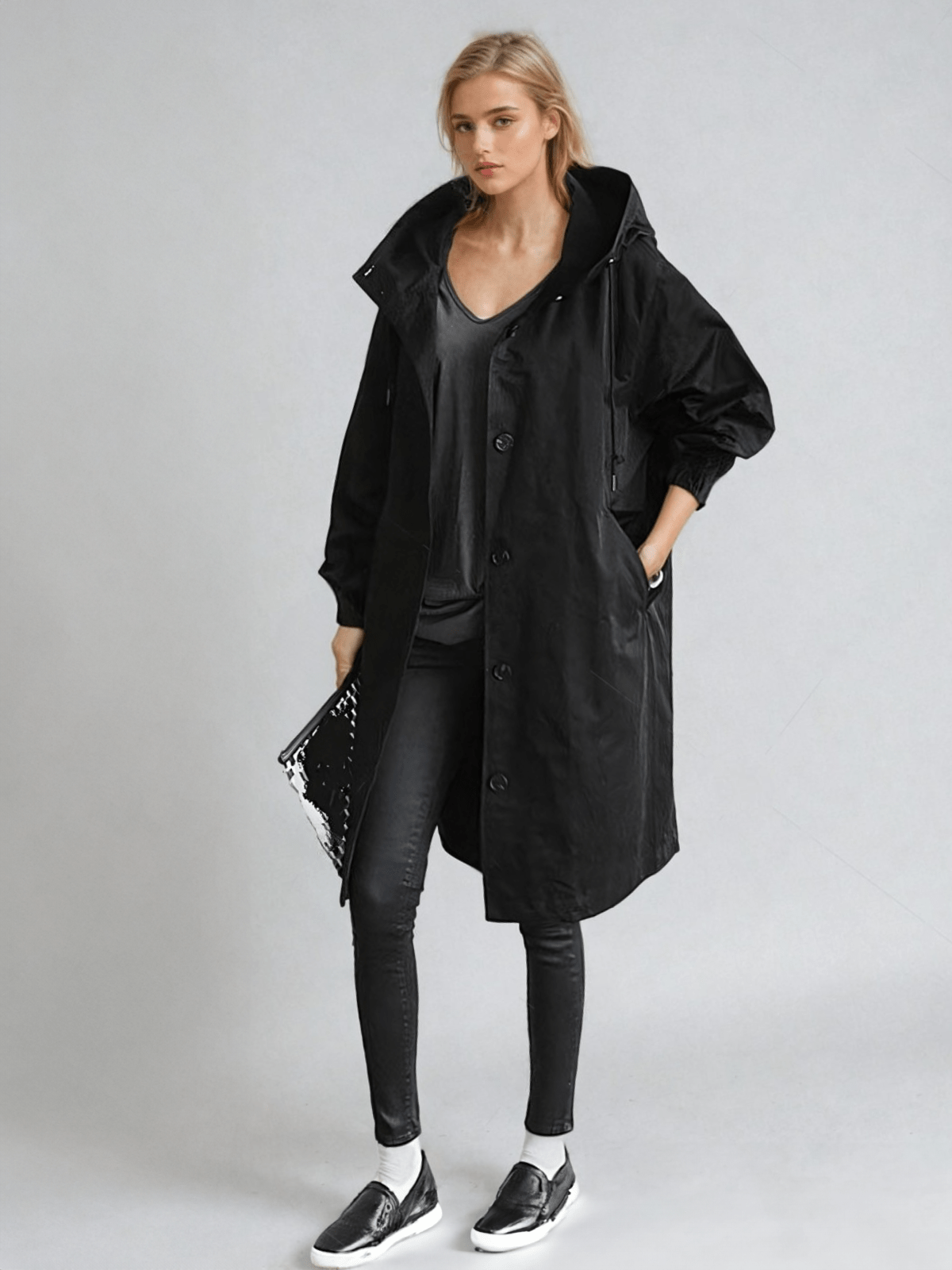 Giacca lunga leggera con cappuccio da donna