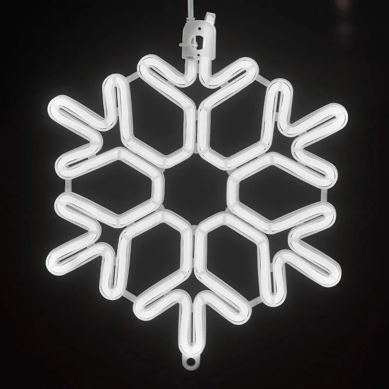 Hvid neon snefnug lysdekoration på sort baggrund, perfekt til juleudsmykning og vinterindretning. Energi-effektiv LED belysning.