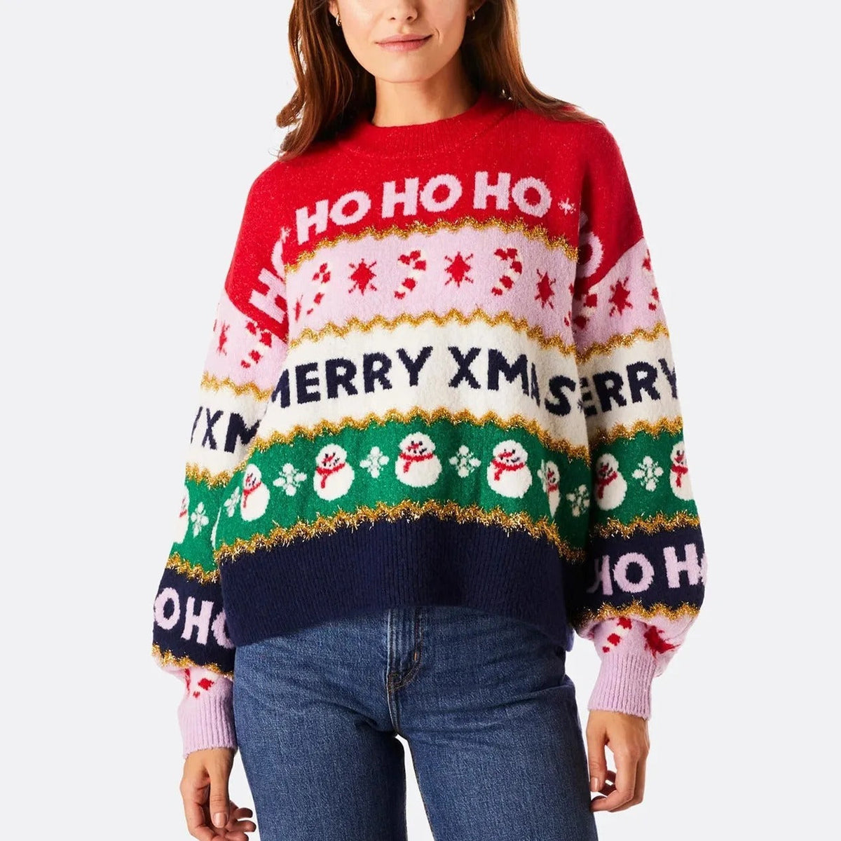 Strikket julesweater til kvinder – Farverig pullover med »Ho Ho Ho«, »Merry Christmas« og snefnug
