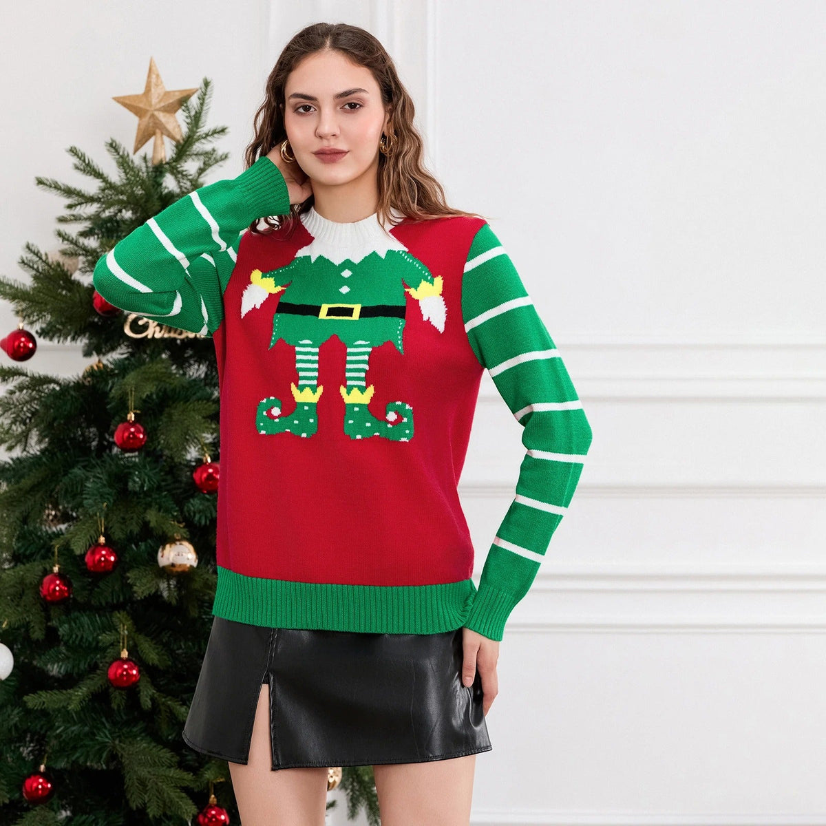 Julealf-sweater til kvinder – festlig rød og grøn striktrøje med lange ærmer