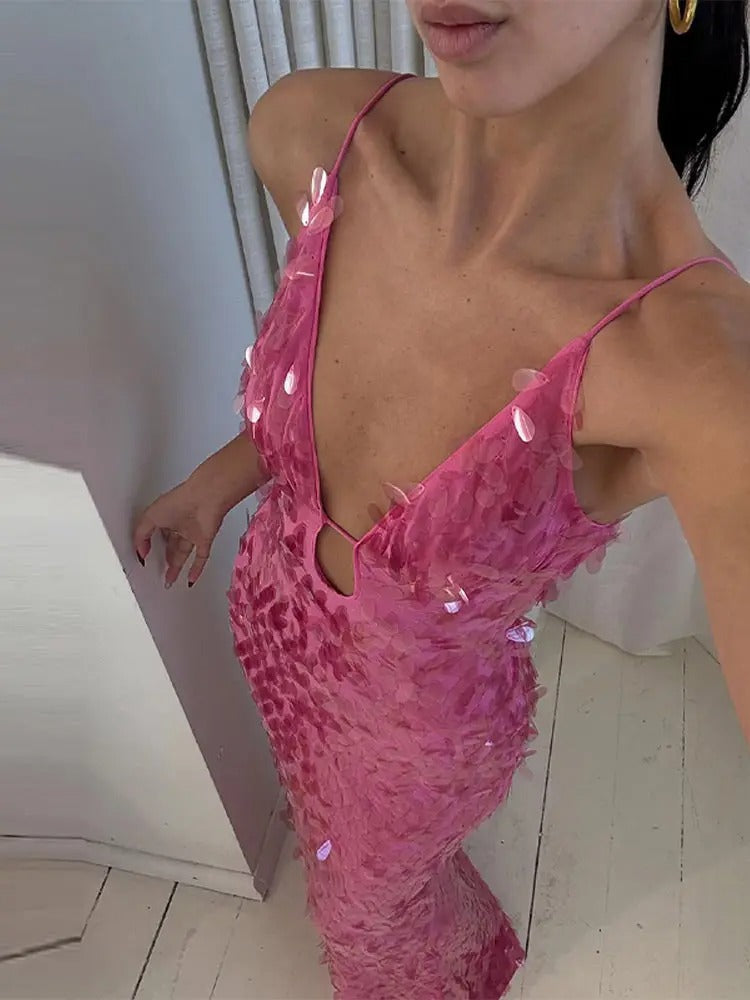 Rotes Paillettenkleid für Damen – bodenlanges Kleid mit Spaghettiträgern und V-Ausschnitt