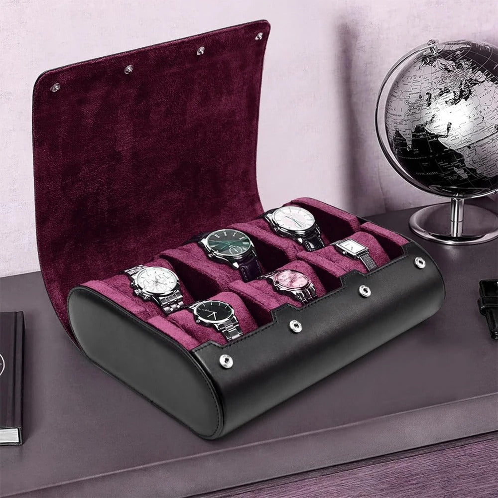 Luksuriøs urkasse i sort læder med seks ure, fløjl indvendig. Perfekt til opbevaring og beskyttelse. Elegant design, ideel til urentusiaster.