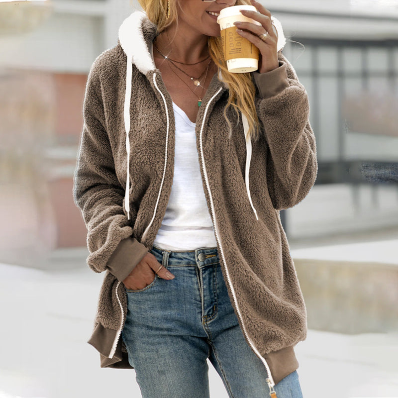 Margaux hooded teddy coat in taupe brown, front view with hood up