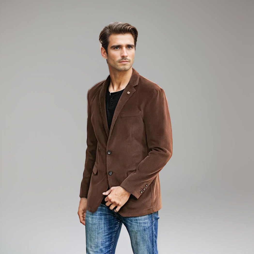 Mand i brun blazer og blå jeans på grå baggrund. Stilfuldt herretøj, moderne mode, afslappet elegance, efterårsjakke, trendy look.