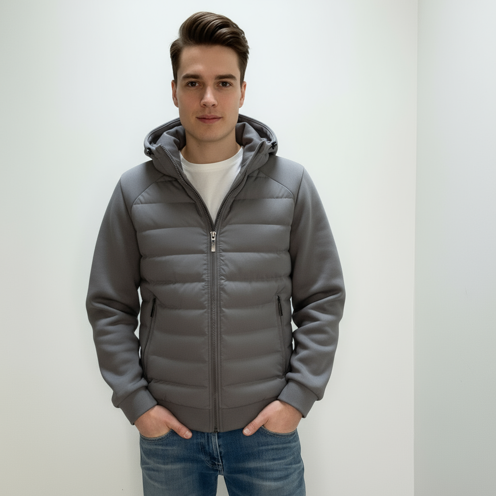 Ung mand iført grå hættejakke og jeans, står mod hvid baggrund. Moderne herremode, vinterjakke, casual stil.