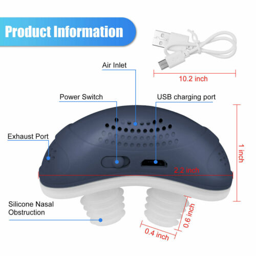 Bærbar anti-snorken enhed med USB-opladning, silikone næsepropper og luftudtag. Kompakt design, 10,2 tommer kabel inkluderet.