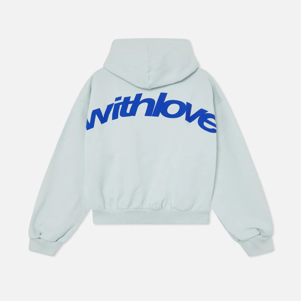 Lyseblå hættetrøje med blå »withlove«-tekst på ryggen, unisex-design, moderne streetwear, behagelig pasform, populær mode, afslappet stil.