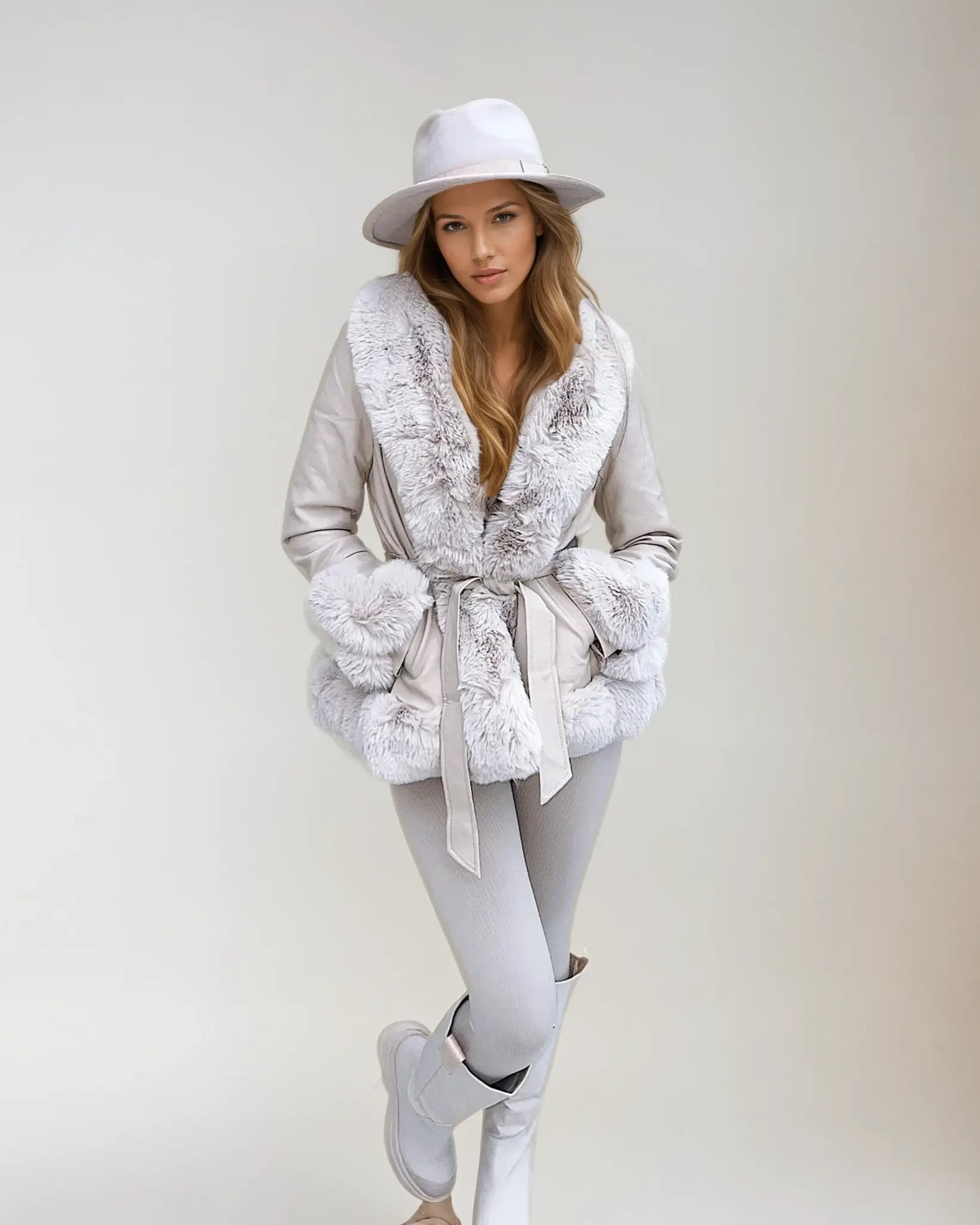 Dame i elegant vintertøj med hvid hat, pelsjakke og leggings. Mode, vinterstil, luksusbeklædning, moderne kvindemode, skandinavisk design.