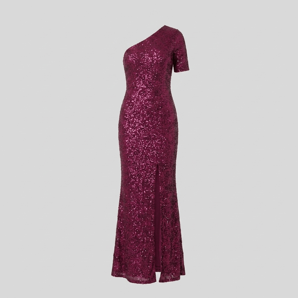 Abito lungo con paillettes e monospalla da donna | Abito da sera aderente per la festa di Natale con spacco laterale | Abito da festa lungo fino al pavimento