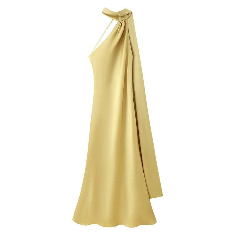 Robe longue en satin à dos nu et à tour de cou pour femme – robe de soirée avec longue écharpe flottante