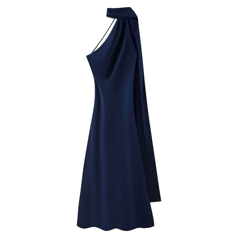 Robe longue en satin à dos nu et à tour de cou pour femme – robe de soirée avec longue écharpe flottante