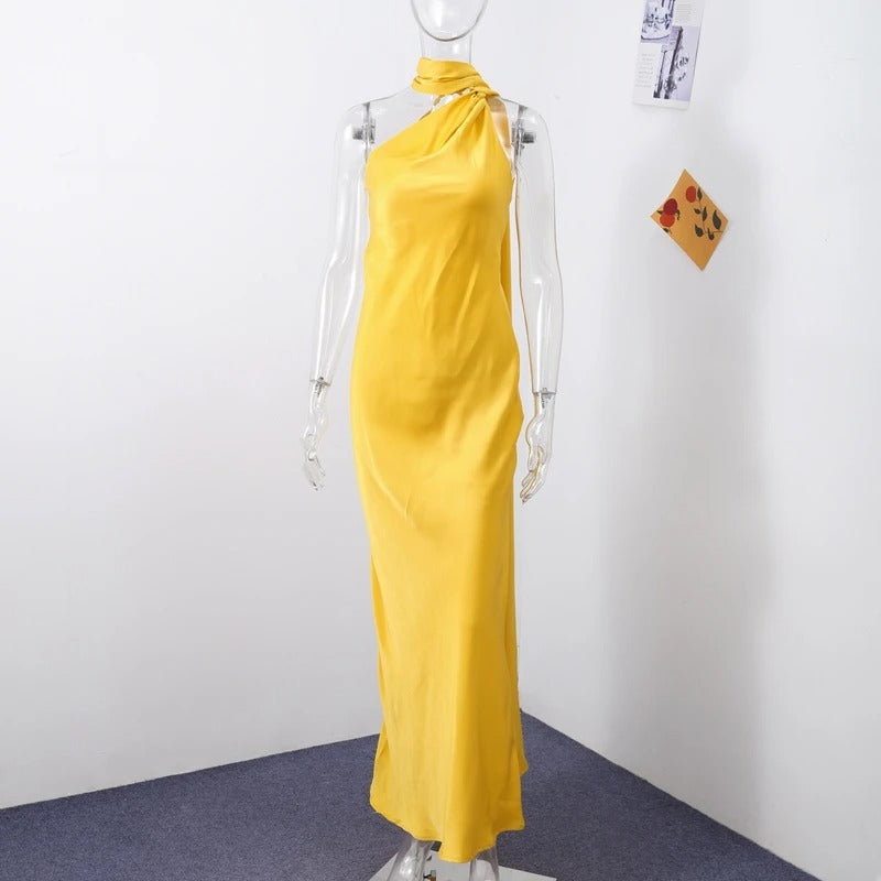 Robe longue en satin à dos nu et à tour de cou pour femme – robe de soirée avec longue écharpe flottante