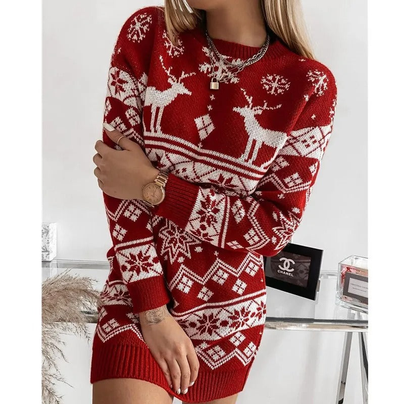 Gestricktes Weihnachtskleid für Damen – langärmeliges Kleid mit Rentier- und Schneeflockenmuster