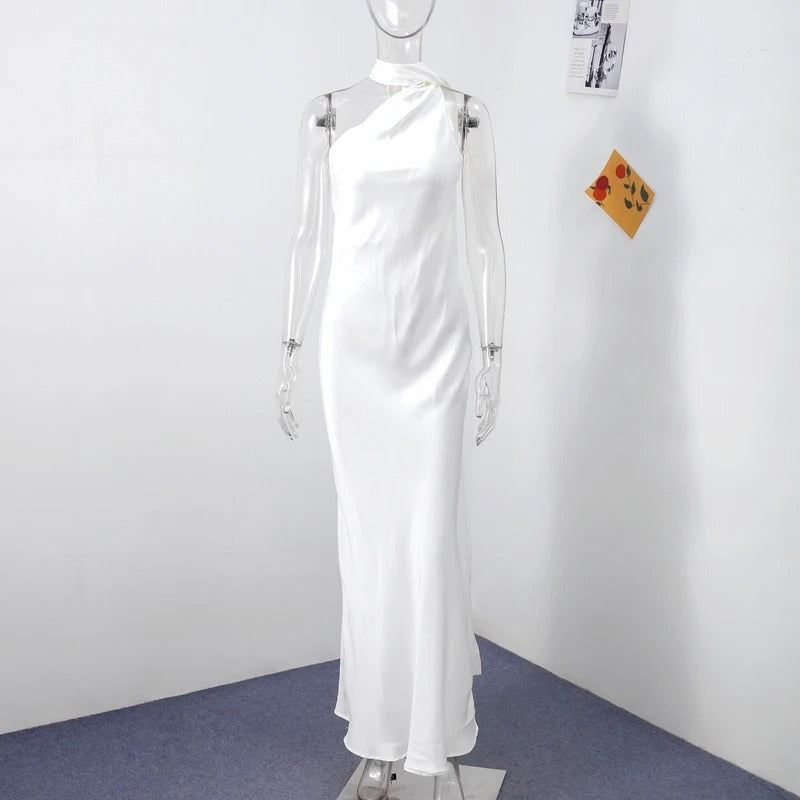 Robe longue en satin à dos nu et à tour de cou pour femme – robe de soirée avec longue écharpe flottante