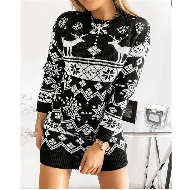 Gestricktes Weihnachtskleid für Damen – langärmeliges Kleid mit Rentier- und Schneeflockenmuster