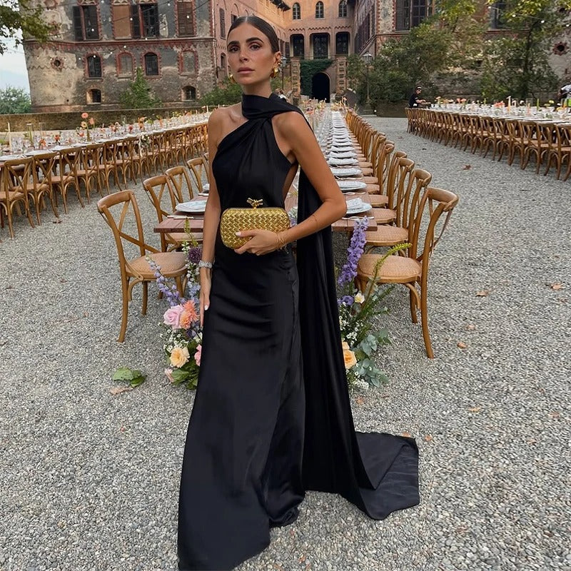 Robe longue en satin à dos nu et à tour de cou pour femme – robe de soirée avec longue écharpe flottante