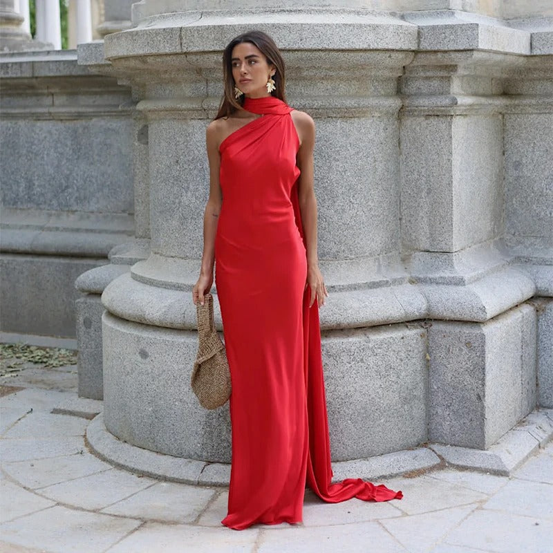 Vestido maxi de cetim para mulher com decote halter – vestido de noite sem costas com lenço comprido e esvoaçante