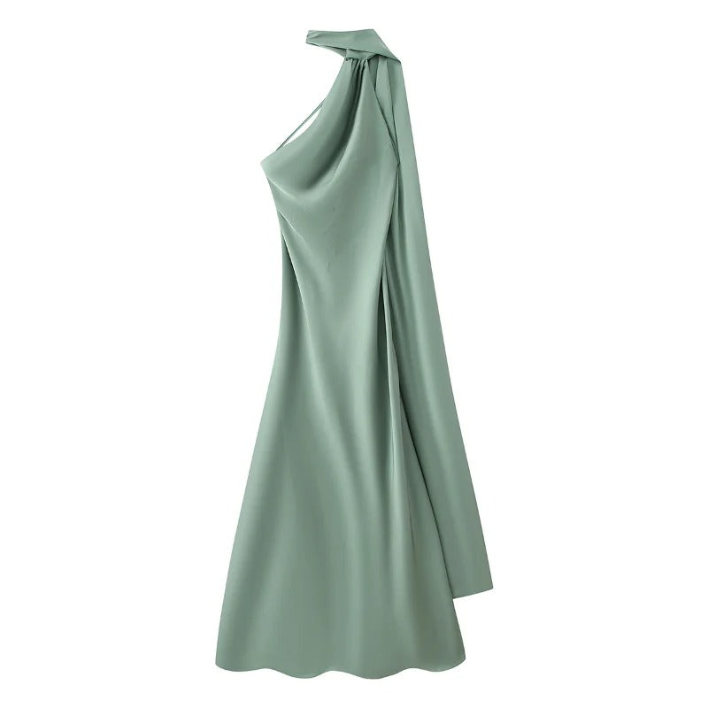 Robe longue en satin à dos nu et à tour de cou pour femme – robe de soirée avec longue écharpe flottante