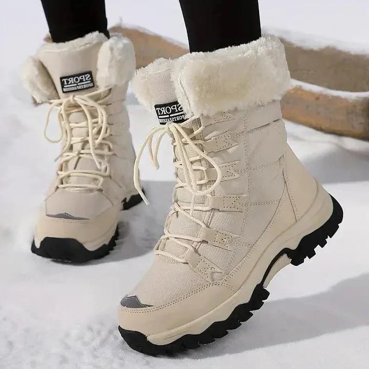 Winter boots with faux fur lining and lace-up for women in Beige