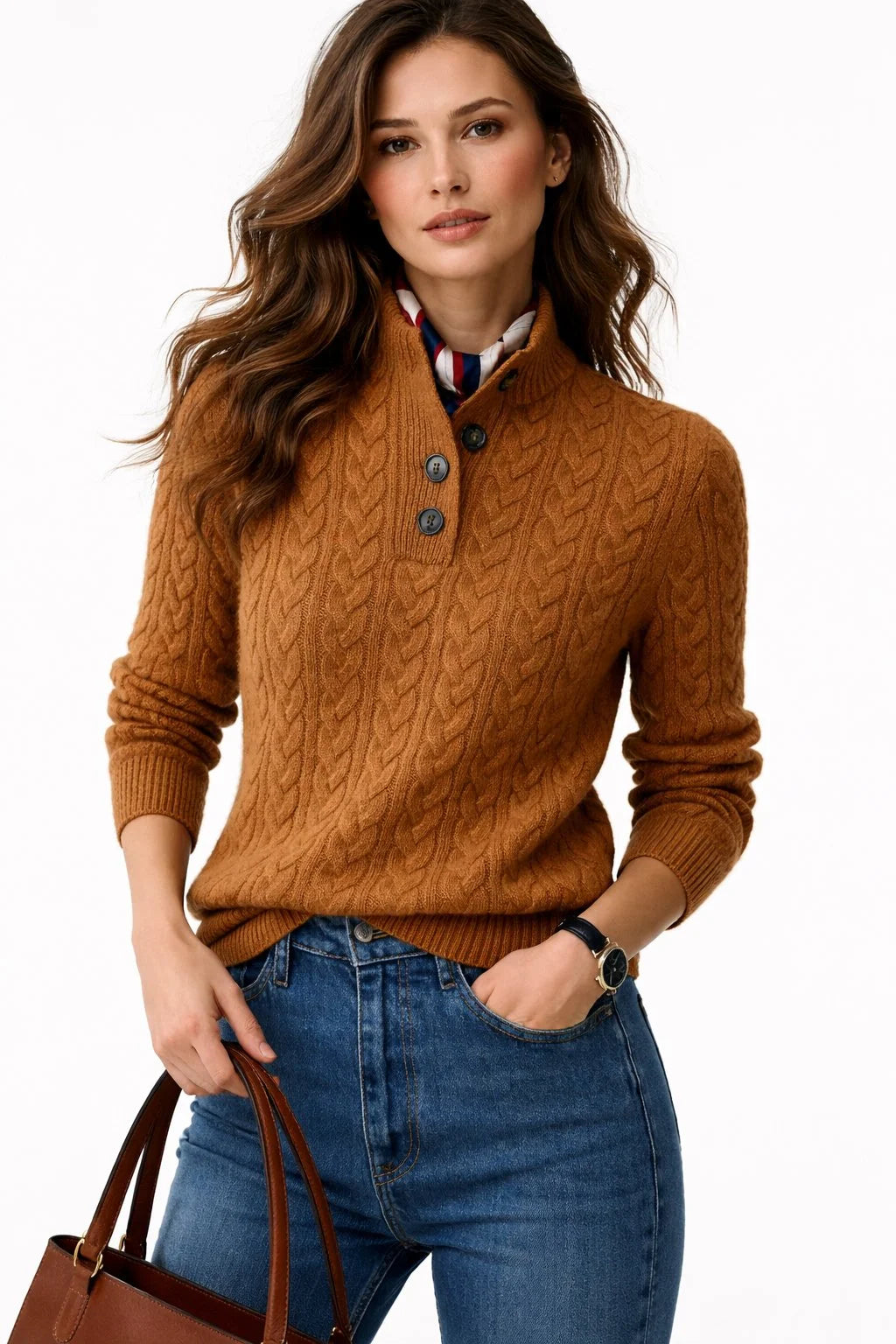 Women's cable knit button-neck wool blend pullover sweater in Brown