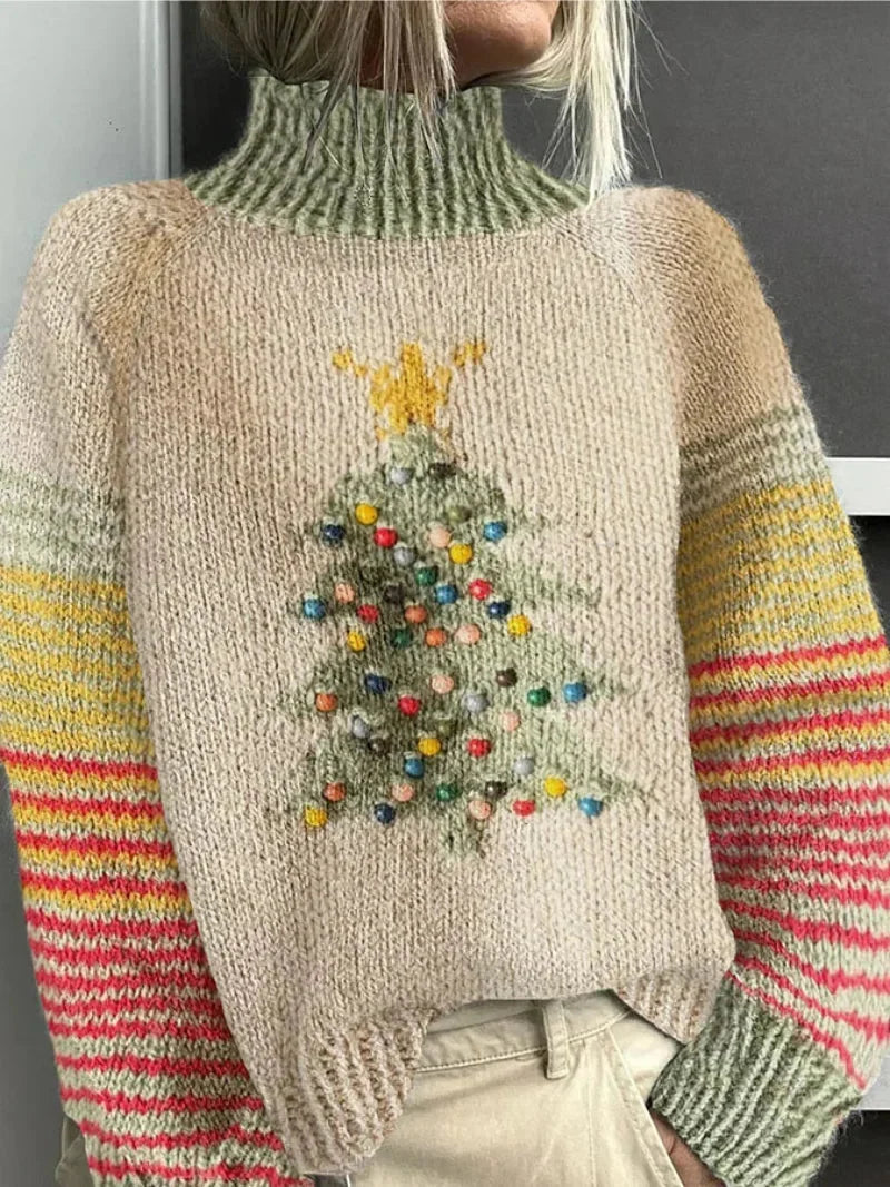 Maglione natalizio da donna con maniche a righe e collo alto | Maglione festivo in maglia per le feste e gli eventi della stagione