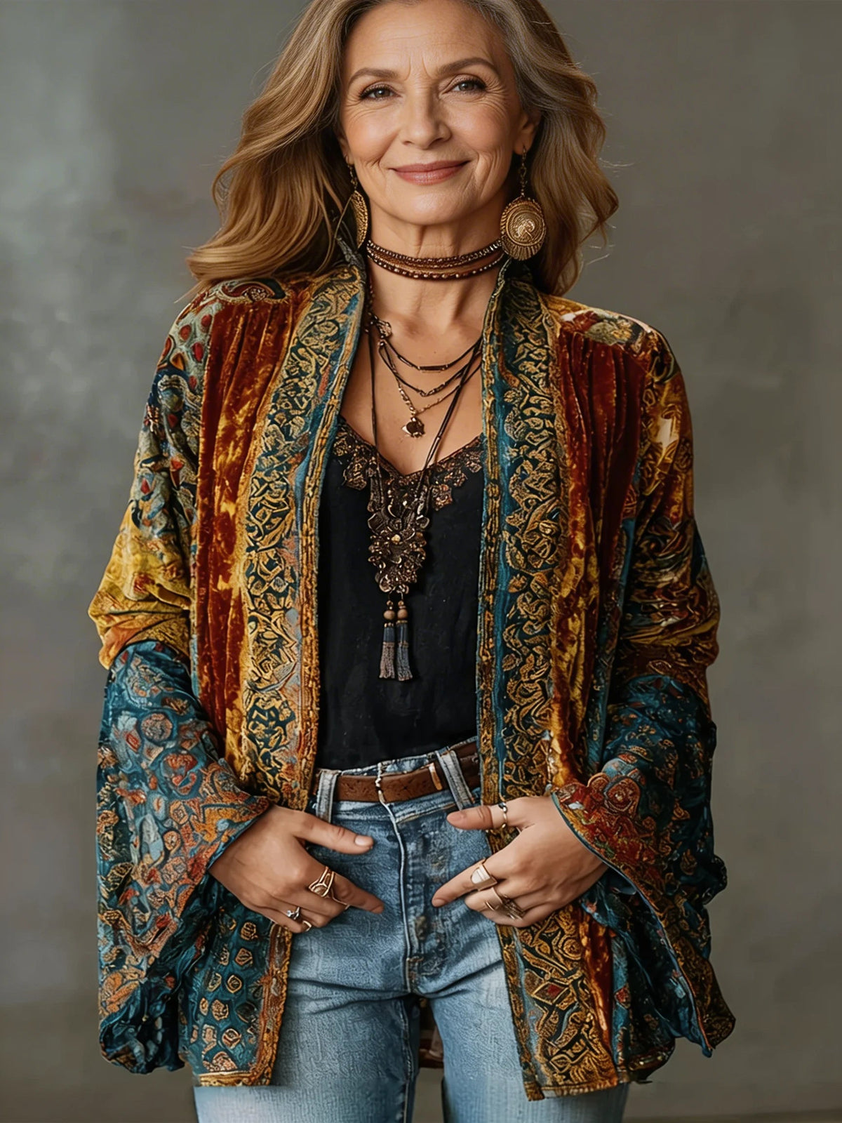 Burgundy ornate velvet kimono-style denim jacket, wide bell sleeves.