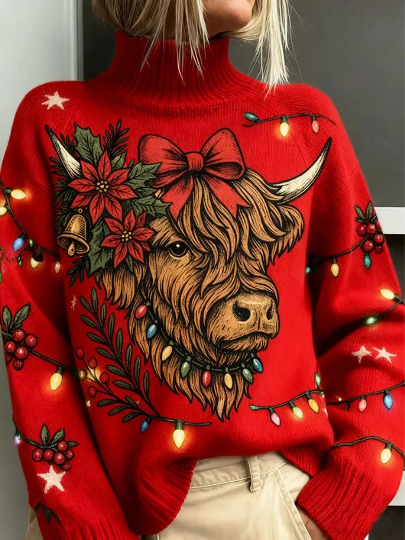 Women's Highland Cow Christmas Sweater | Knitted Christmas Sweater with Turtleneck | Funny Holiday Knitwear | Long-Sleeved Winter Sweater
