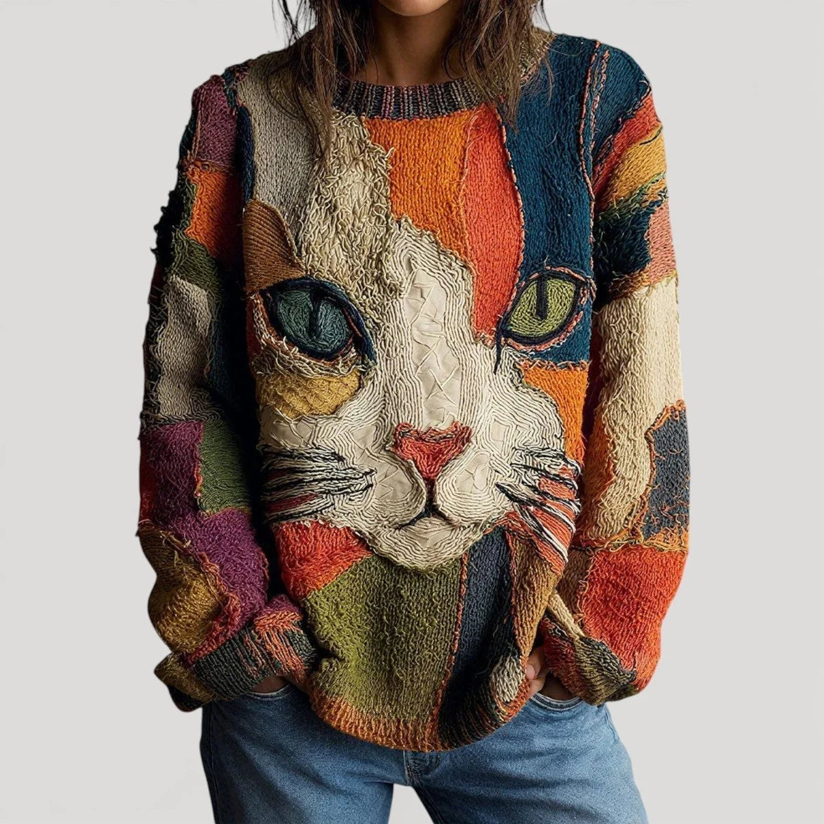 Women's Relaxed-Fit Cat Graphic Crewneck Knit Sweater