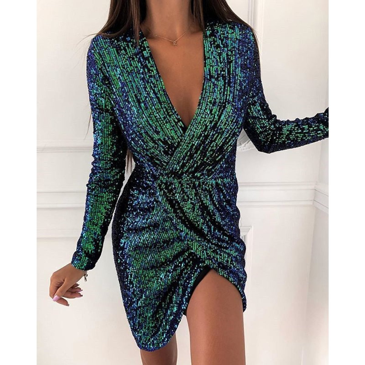 Abito a portafoglio con paillettes da donna | Abito da cocktail a maniche lunghe e scollo a V per occasioni festive ed eventi serali | Abbigliamento da festa scintillante