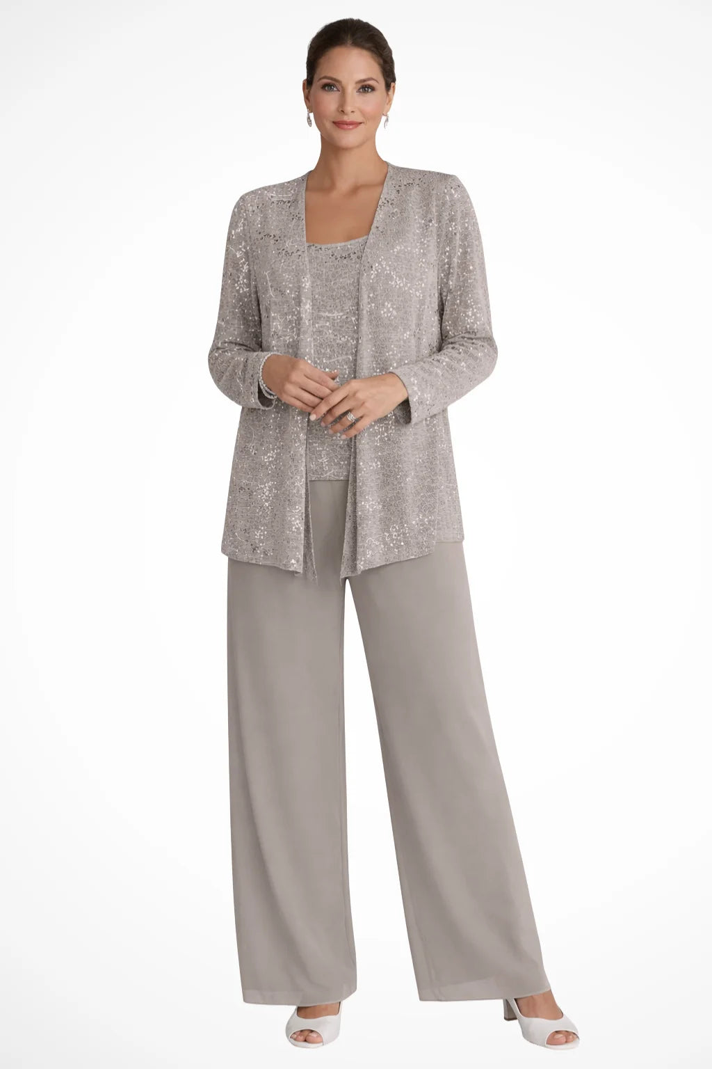 Beige sequin three-piece set: jacket and wide-leg pants.