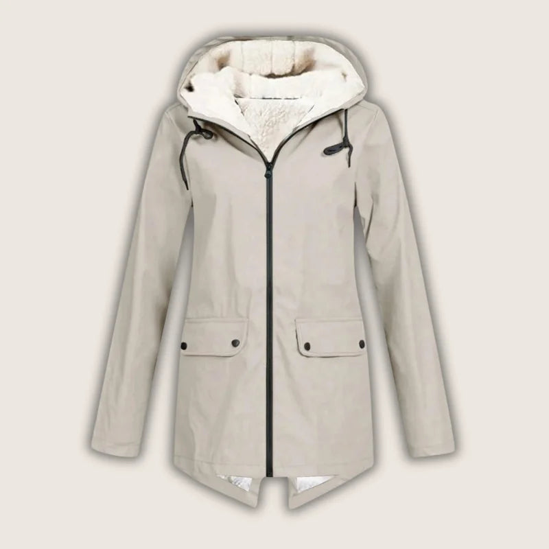 Beige women's waterproof hooded denim jacket with sherpa lining, front pockets.