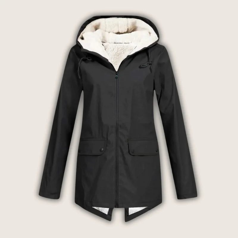 Black waterproof hooded denim jacket with sherpa lining and front pockets.
