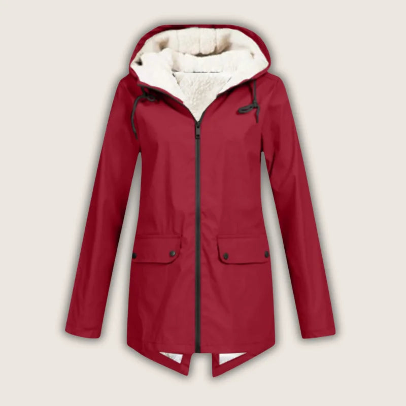 Red women's waterproof hooded denim jacket with sherpa lining and front pockets.