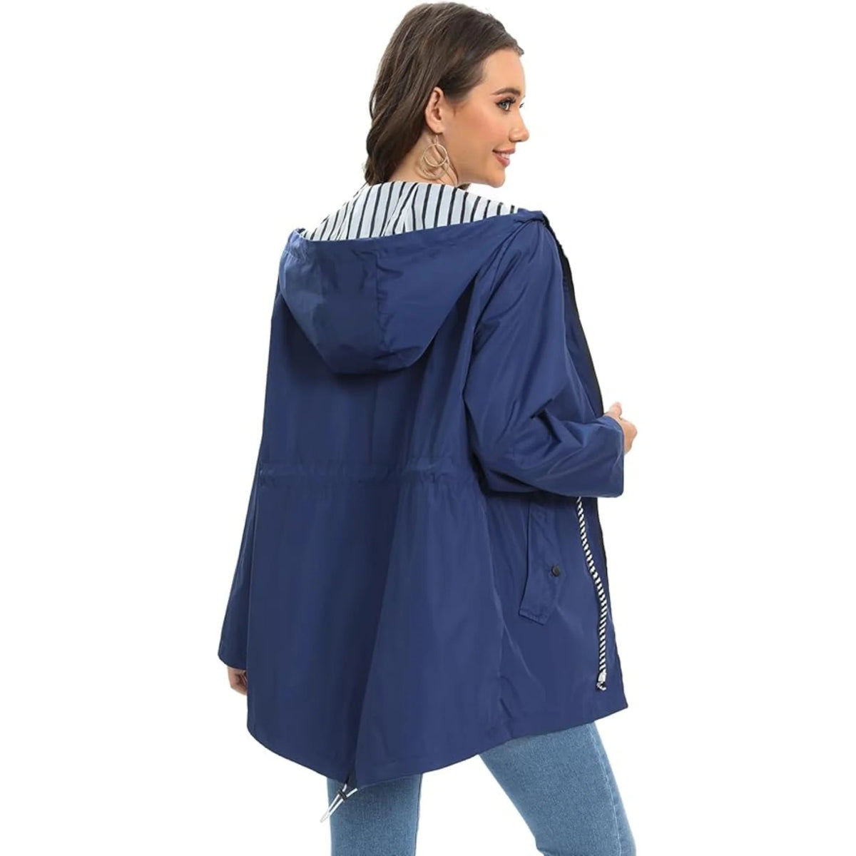 Waterproof, hooded denim jacket with striped lining & drawstring waist.