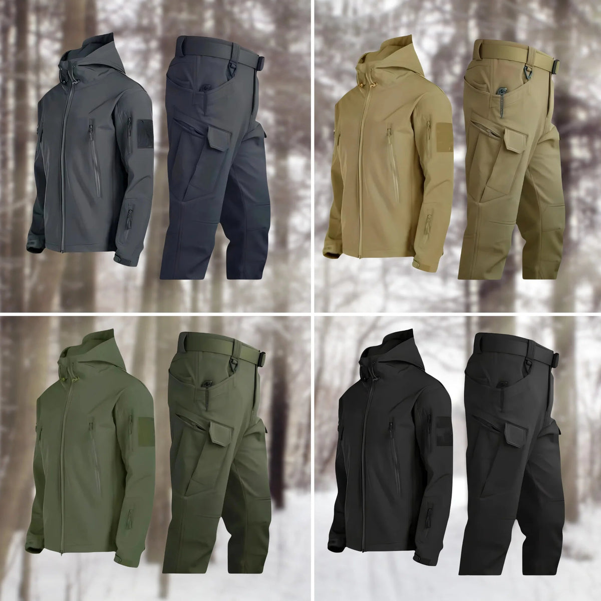 Women's waterproof tactical set: hooded jacket, cargo pants. Many pockets, reinforced areas, adjustable cuffs.