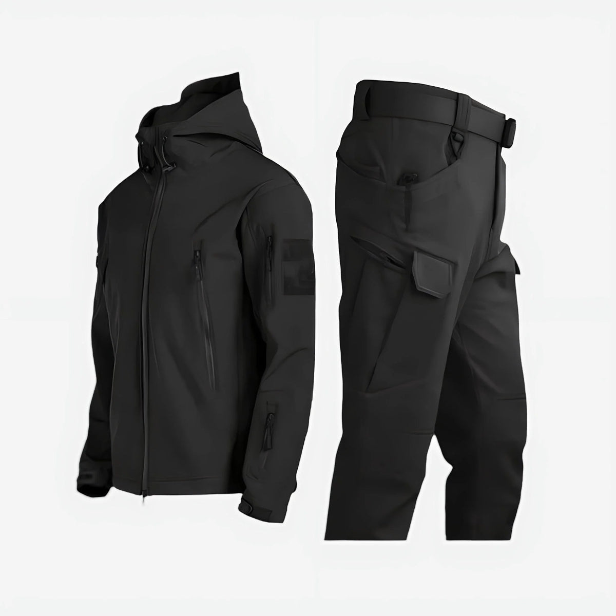 Black women's waterproof tactical set: hooded jacket, cargo pants.