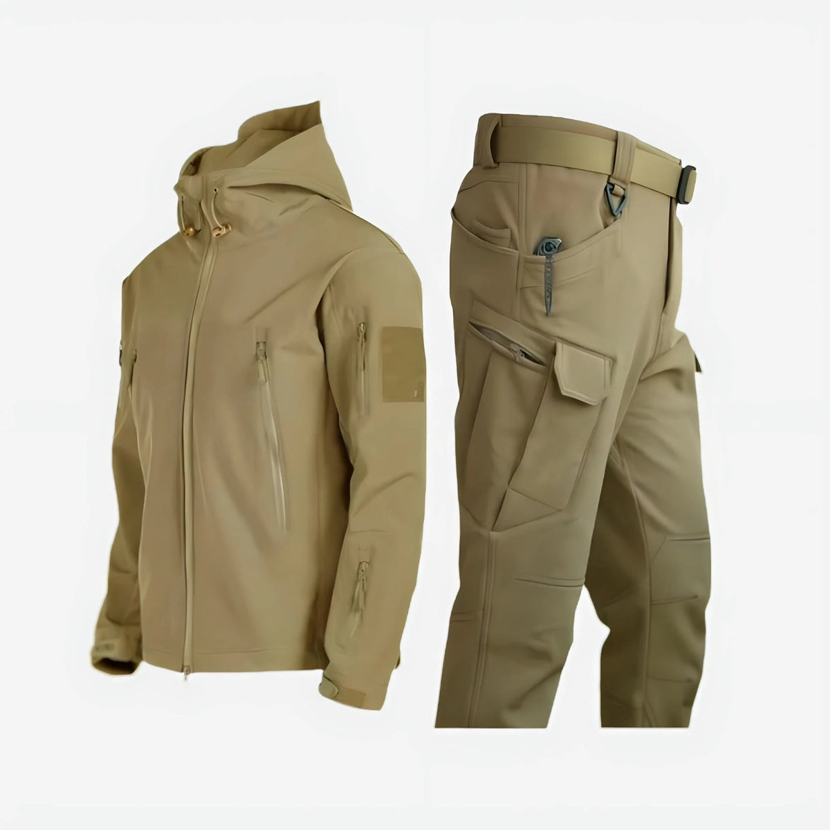 Khaki women's waterproof outdoor tactical set: hooded jacket, cargo trousers with pockets.
