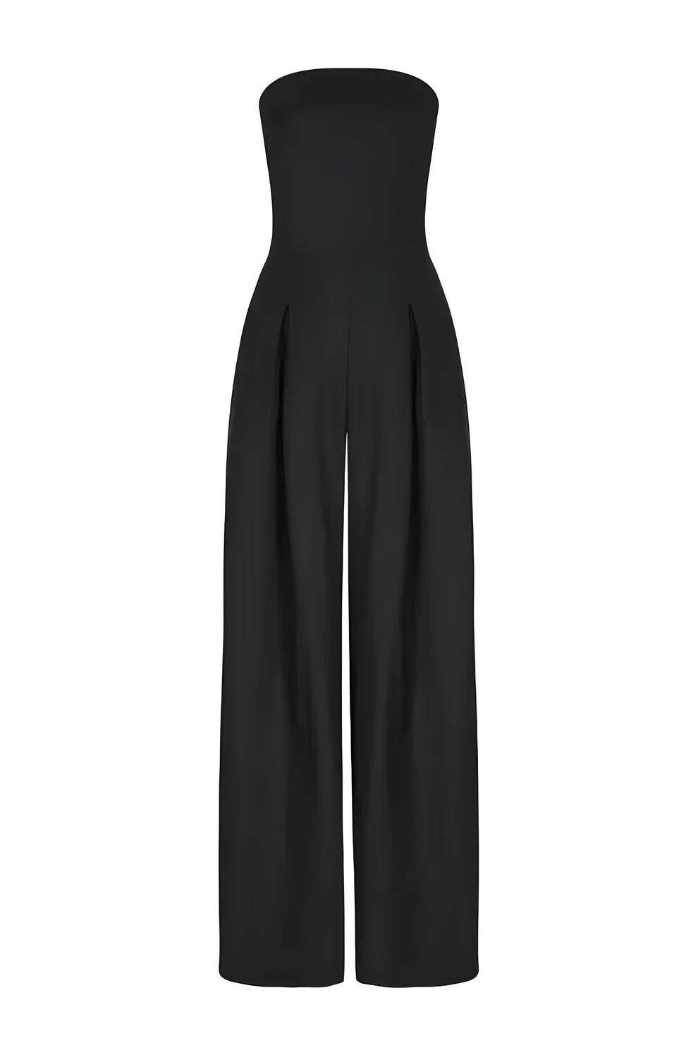 Sort stropløs buksedragt med brede ben, elegant design, perfekt til festlige lejligheder. Moderne jumpsuit til kvinder, stilfuld og tidløs.